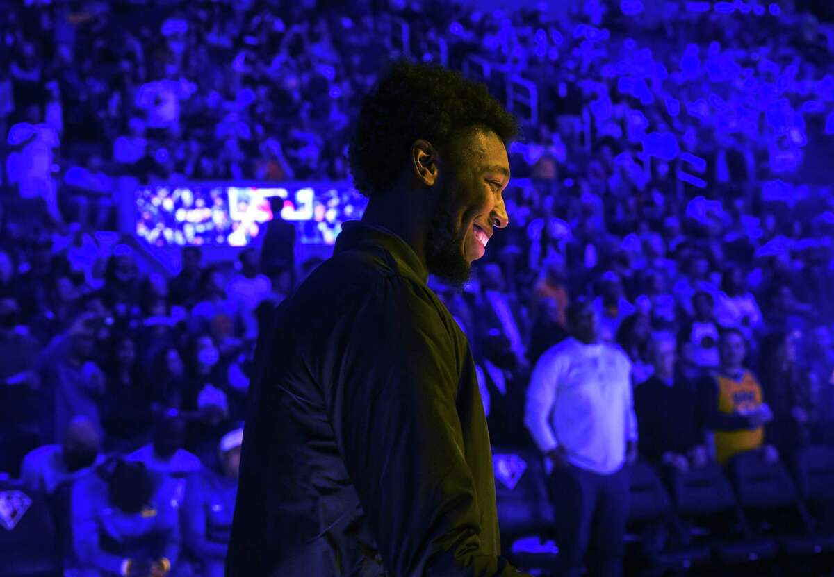 James Wiseman during introductions before the Golden State Warriors played the Los Angeles Clippers at Chase Center in San Francisco, Calif., on Tuesday, March 8, 2022.