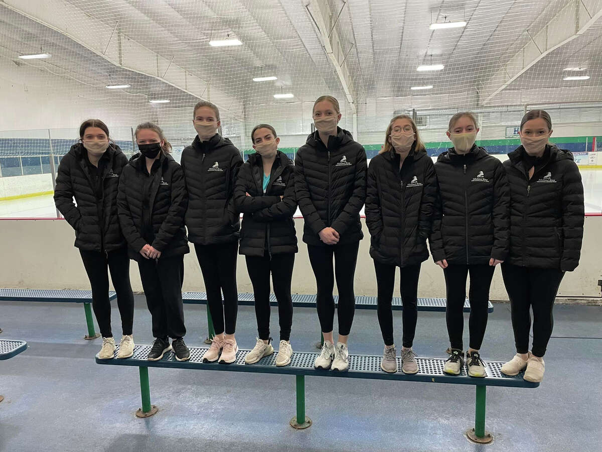 Members of the Midland Area high school figure skating club pose together after competing at the state finals in Brighton recently. Pictured are (from left) Kyra Barr, Ciarra Franklin, Chloe Adam, Eloise Laverty, Susie Shulz, Lela Travis, Makayla Greathouse, and Angelyn Wiedyk.