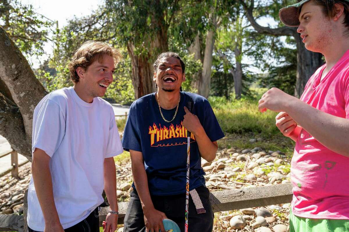 Matthew Maddan (left), Zion Williams and Sam Goverman chat in San Francisco on April 6.