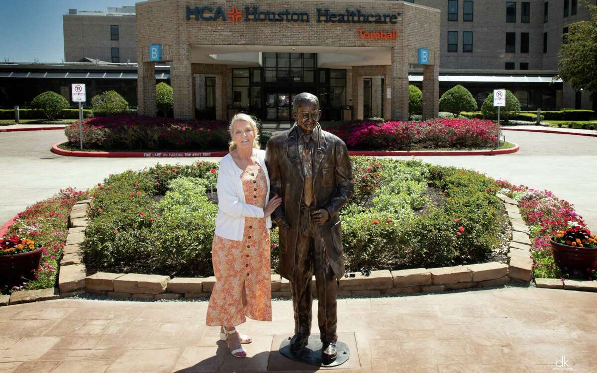 The statue of Norman Graham outside HCA Houston Healthcare Tomball, who founded Tomball's first hospital.