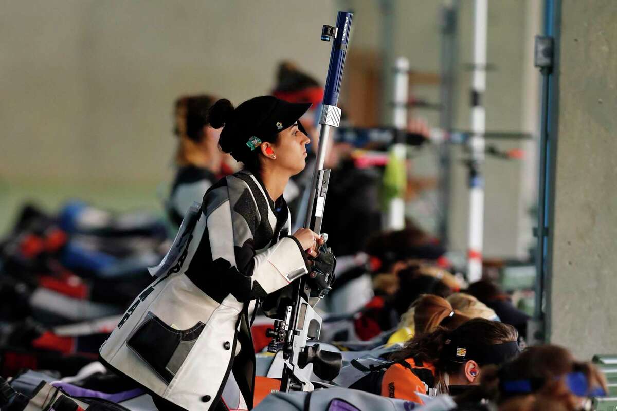 FILE - Yarimar Mercado Martinez, of Puerto Rico, competes during the women's 50-meter Rifle 3 Positions qualification, at the Olympic Shooting Center, during the 2016 Summer Olympics in Rio de Janeiro, Brazil, Aug. 11, 2016. Mercado Martinez's mother, Mabel Martinez, 56, was killed by a stray bullet in her Connecticut home over the weekend, authorities announced Monday, April 11, 2022. (AP Photo/Hassan Ammar, File)