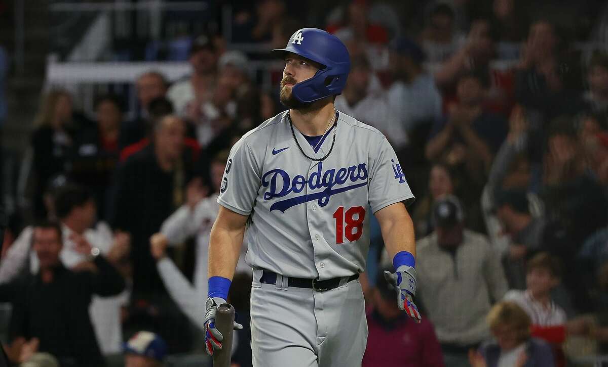 Steven Souza Jr., of the Los Angeles Dodgers reacts to a strike out during the seventh inning of Game Six of the National League Championship Series against the Atlanta Braves at Truist Park on October 23, 2021 in Atlanta, Georgia.