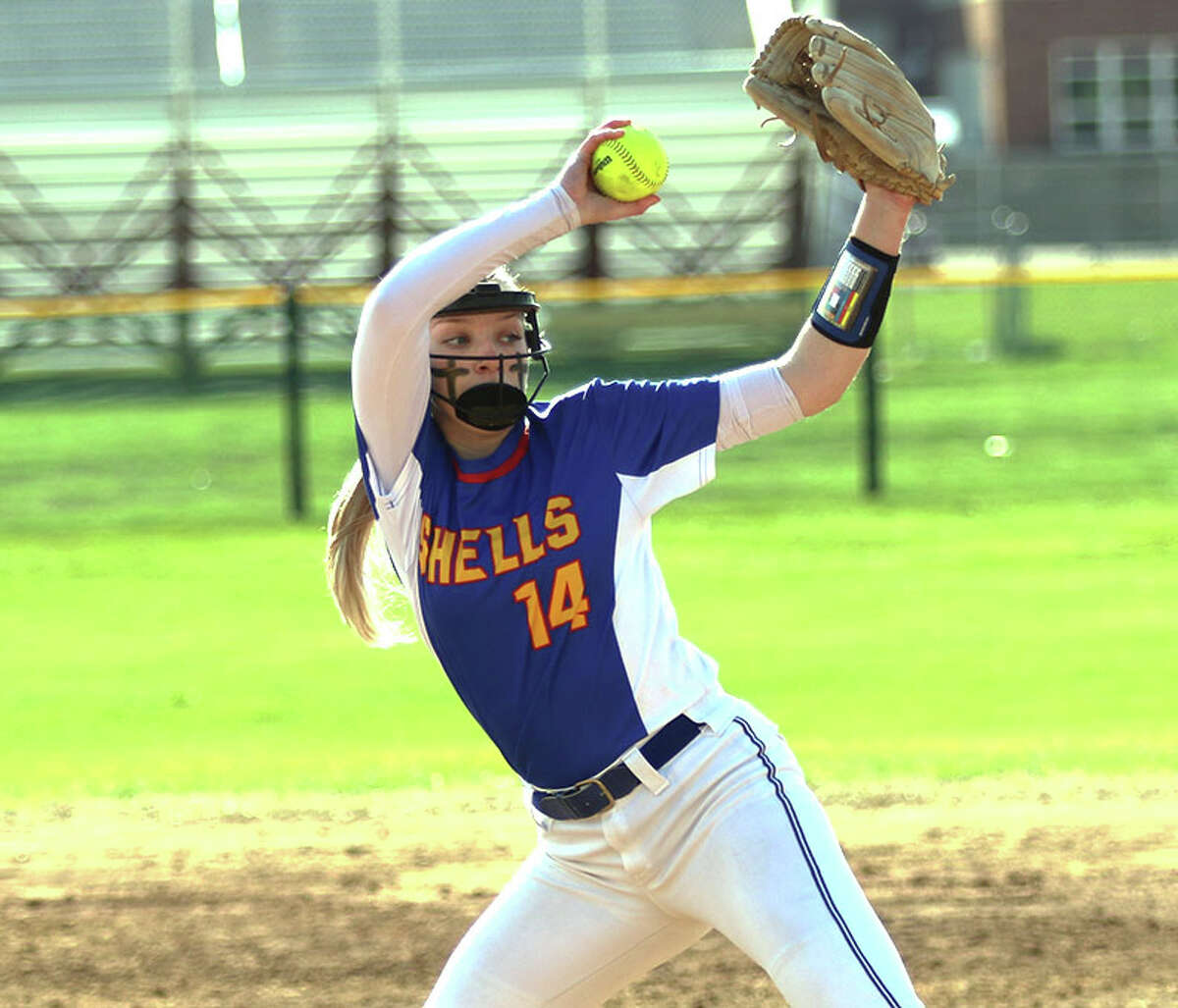Roxana's Calista Stahlhut pitched the Shells to their first victory over Southwestern since 2015 on Monday in Roxana. She is shown in a game earlier this season at Wood River.