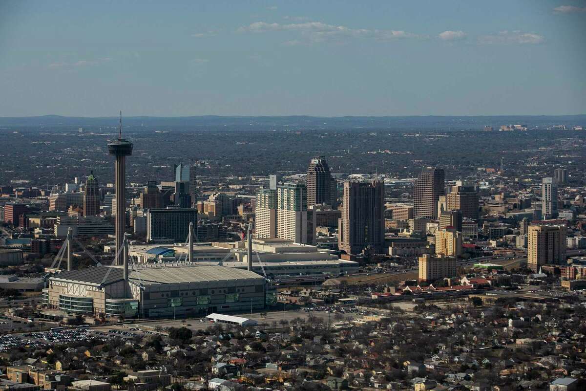 The San Antonio skyline as seen from the air on Feb. 10, 2022.