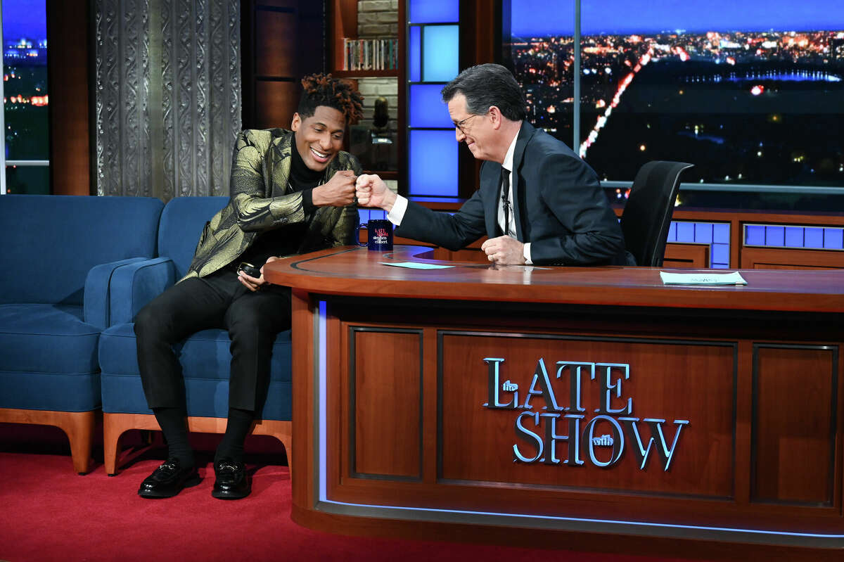 NEW YORK - APRIL 5: The Late Show with Stephen Colbert and Jon Batiste during Tuesday's April 5, 2022 show. (Photo by Scott Kowalchyk/CBS via Getty Images)