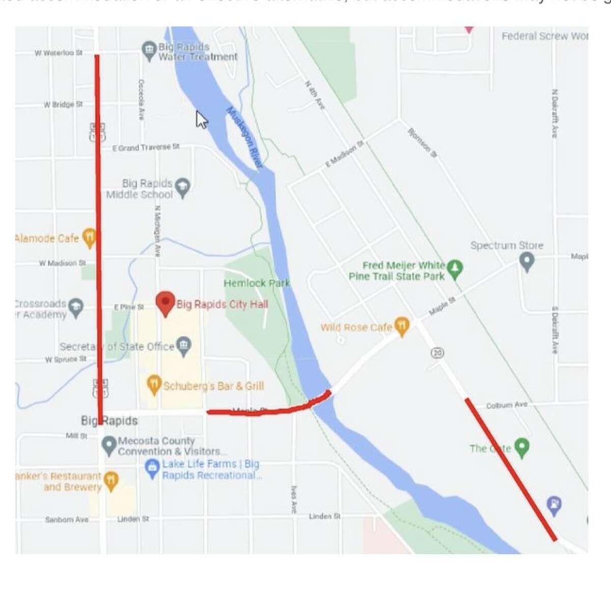The red areas on the map indicated the sections of street MDOT has proposed reconfiguring from four lanes to three lanes. A public meeting will be held April 19 to receive feedback on the proposed changes.