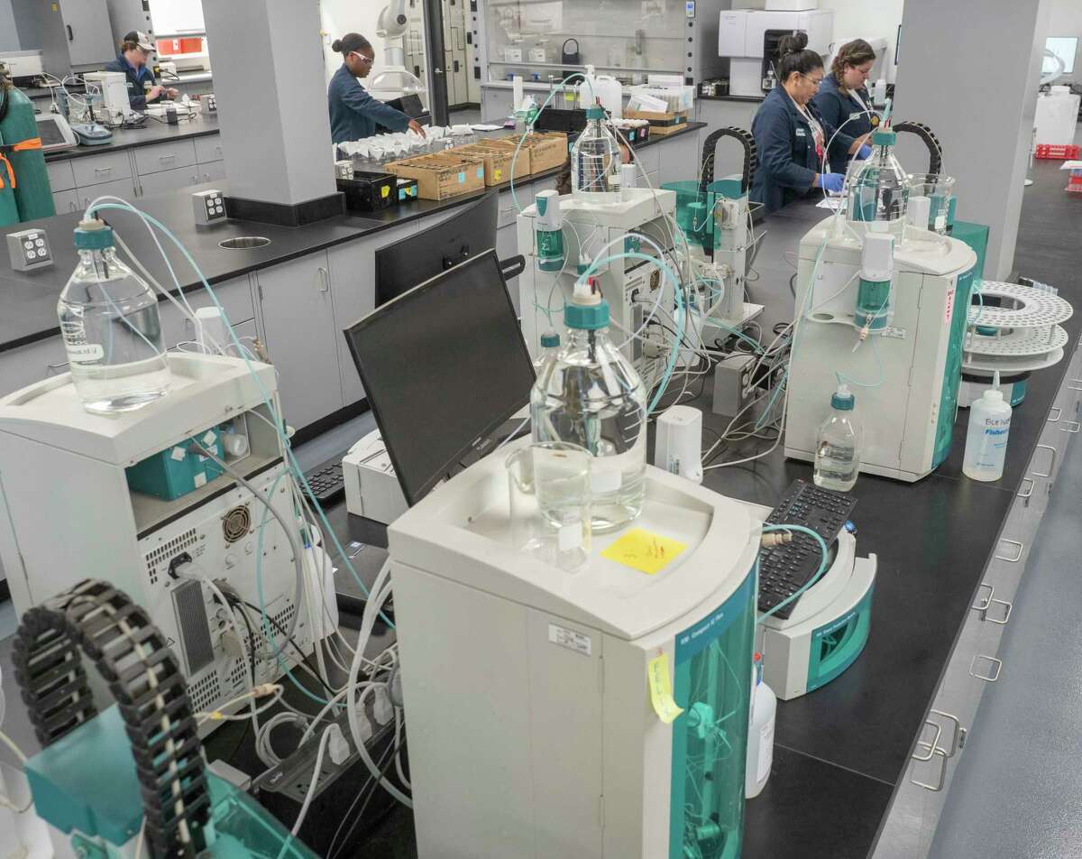 ChampionX chemists and technicians work in a state-of-the-art lab to handle 1000's of well head samples a week to help companies monitor the health of their wells 04/12/2020 at ChampionX laboratory. Tim Fischer/Reporter-Telegram