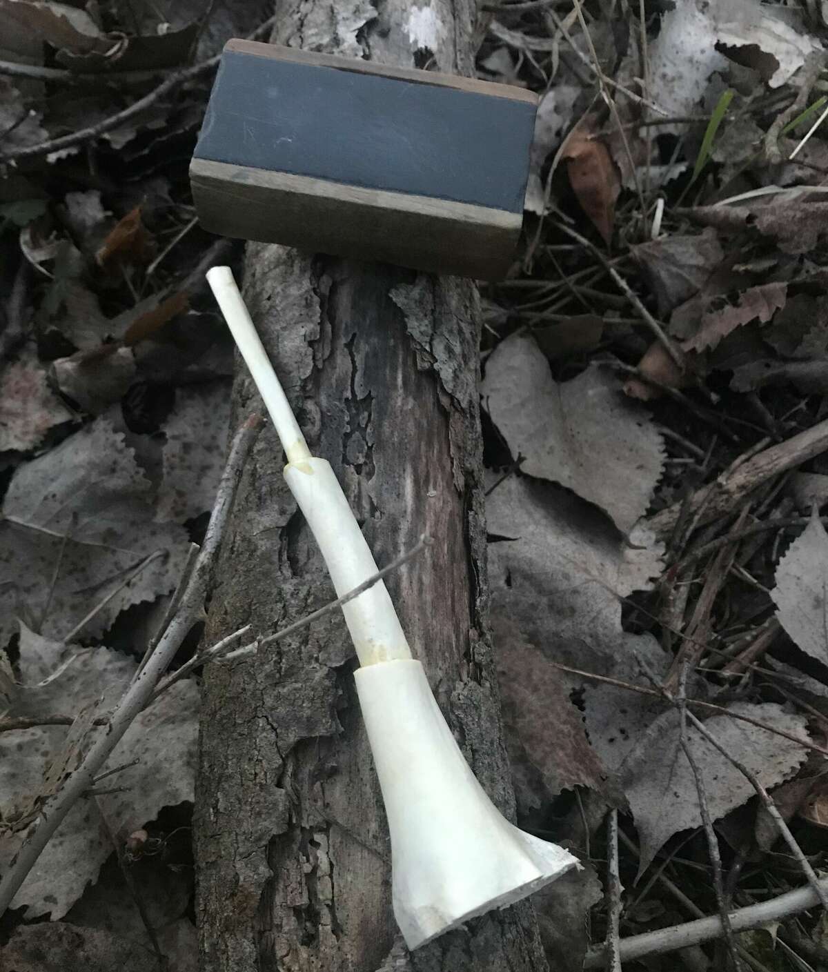 Pictured are two devices for calling wild turkeys: top, a friction call made with slate from an old-school blackboard; and bottom, a mouth call crafted by Steve Griffin from three turkey wing bones. Hunters most often try to entice male turkeys with calls mimicking hens.