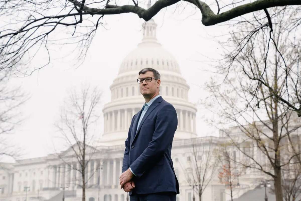 Josh Malone, a Plano inventor who worked behind the scenes in taking down U.S. Rep. Van Taylor, stands for a portrait at the U.S. Capitol on April 7, 2022.