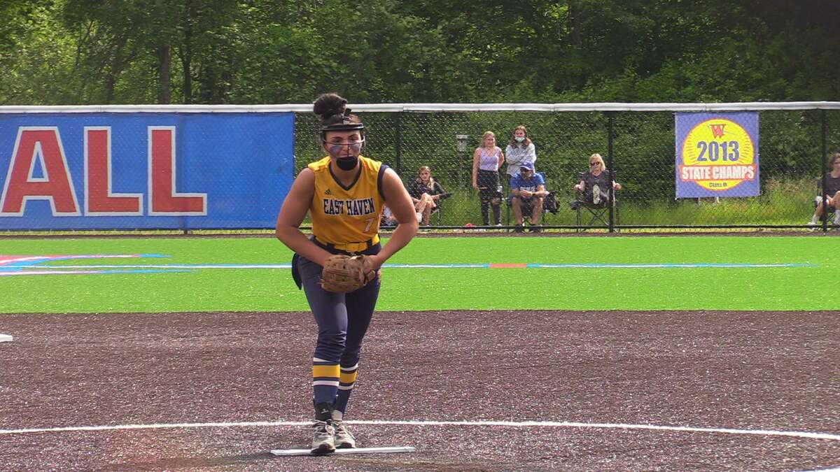 East Haven’s Emilee Bishop pitches against Waterford during a CIAC Class L softball quarterfinal on Friday, June 4, 2021 in Waterford, Conn.