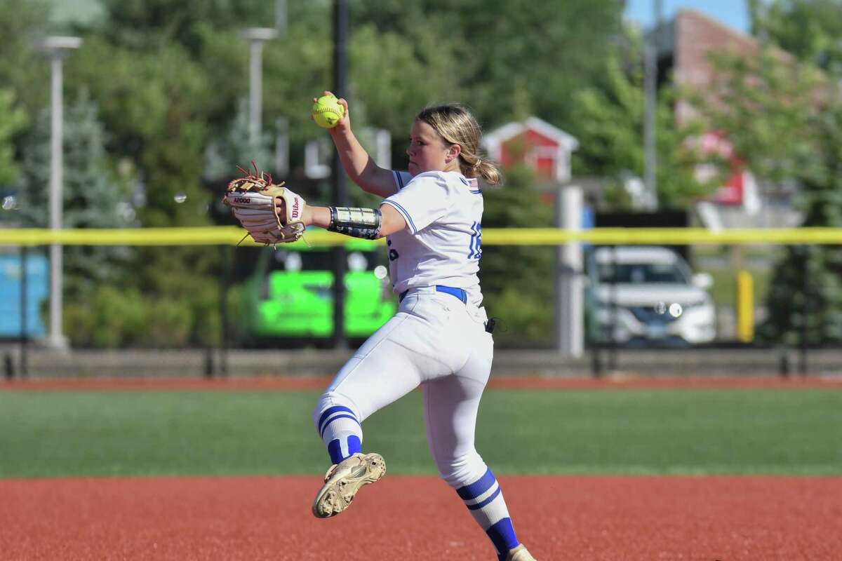 Alex Lewey (16) of the Fairfield Ludlowe Falcons delivers a pitch during the FCIAC Softball Championship on May 27, 2021 at played at Sacred Heart University in Fairfield, CT.