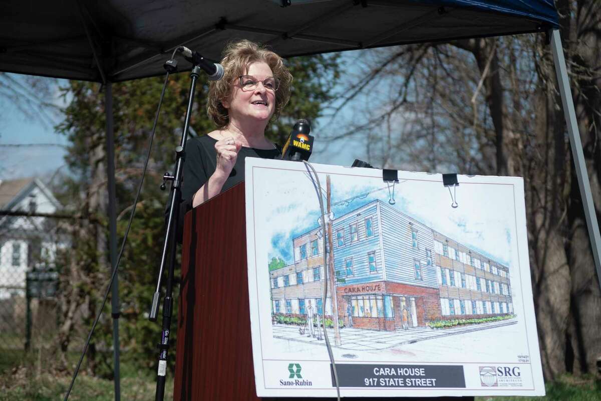 Kimarie Sheppard, executive director of Bethesda House, speaks at a ground breaking ceremony for Cara House on Tuesday, April 12, 2022, in Schenectady, N.Y. Cara House is an offshoot of the Schenectady homeless shelter Bethesda House. When completed, the Cara House will provide 26 permanent supportive housing units,10 units dedicated for chronically homeless individuals and 16 emergency shelter beds. (Paul Buckowski/Times Union)