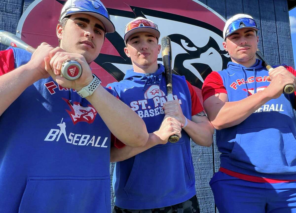 St. Paul's Casey Cerruto, Ryan Daniels and Mario Izzo form one the best middle of the lineups in the state. The trio pose for a photo at St. Paul high school, Bristol on Friday, April 8, 2022.
