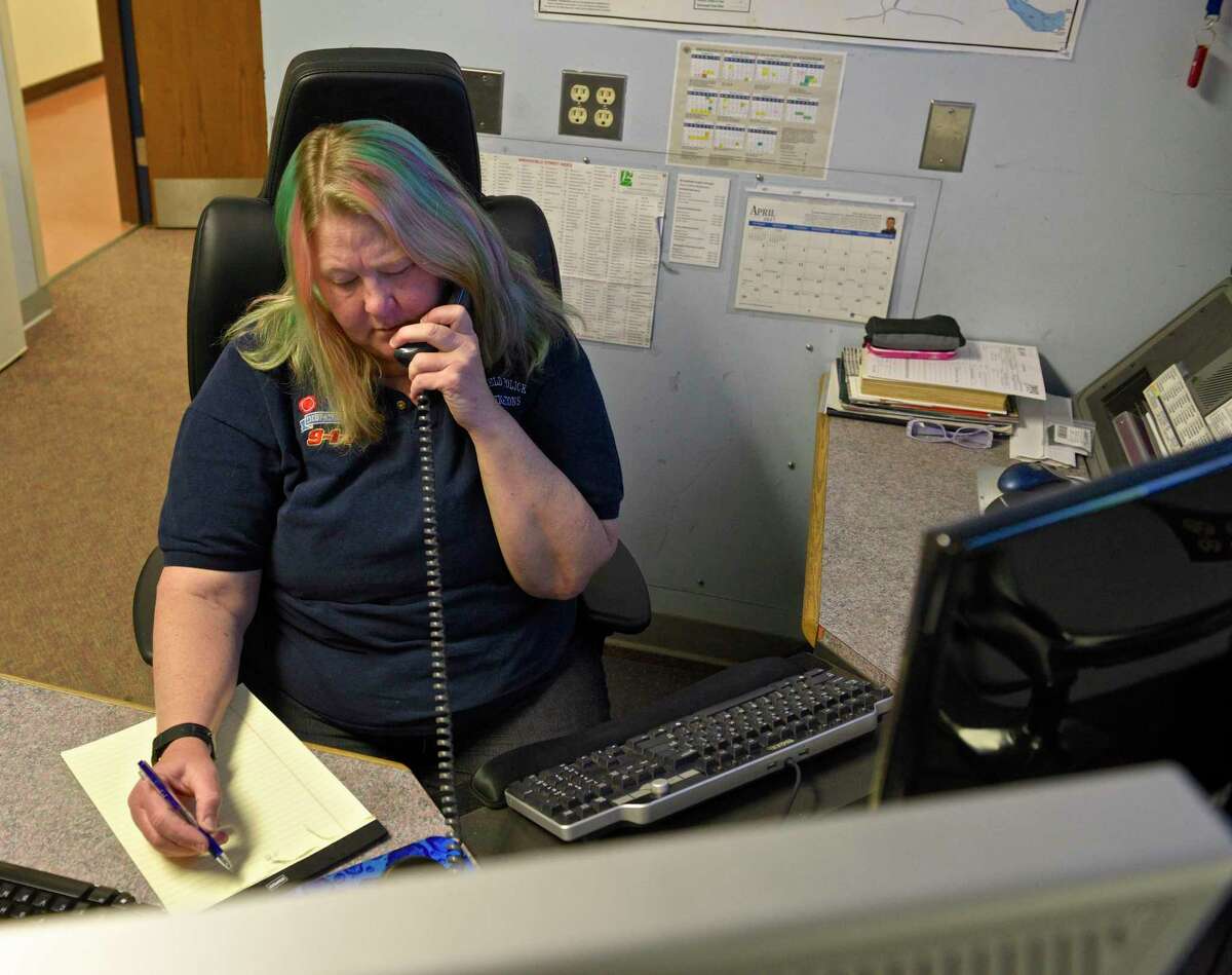 Stephanie Kulowiec, a dispatcher with the Brookfield Police Department, on Friday afternoon, April 14, 2017, in Brookfield, Conn.
