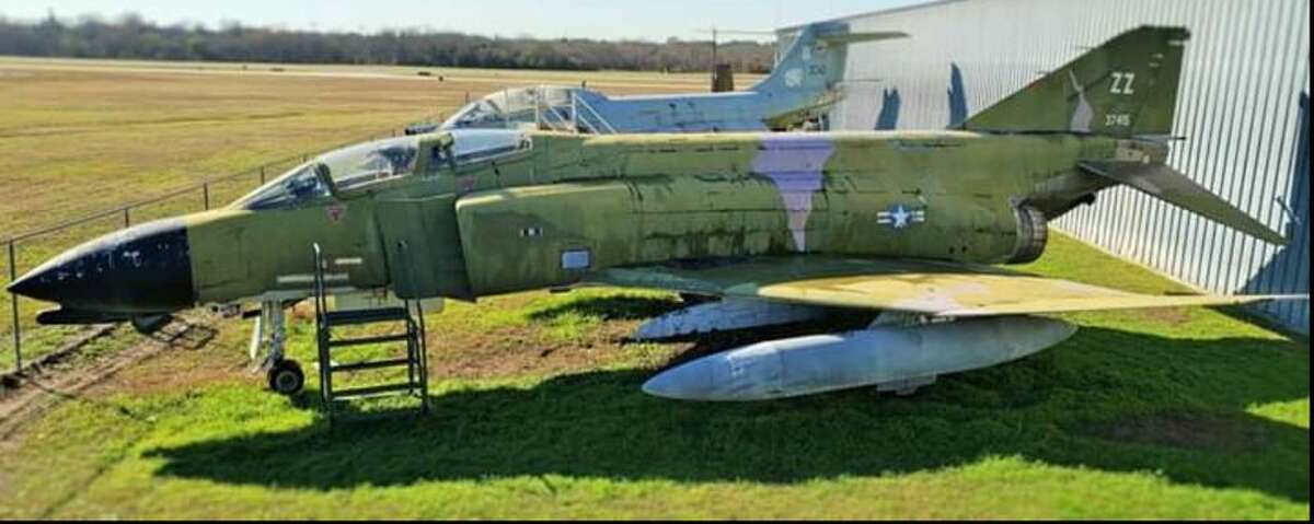 A jet fighter on display at the Texas Air Museum at Stinson Field.