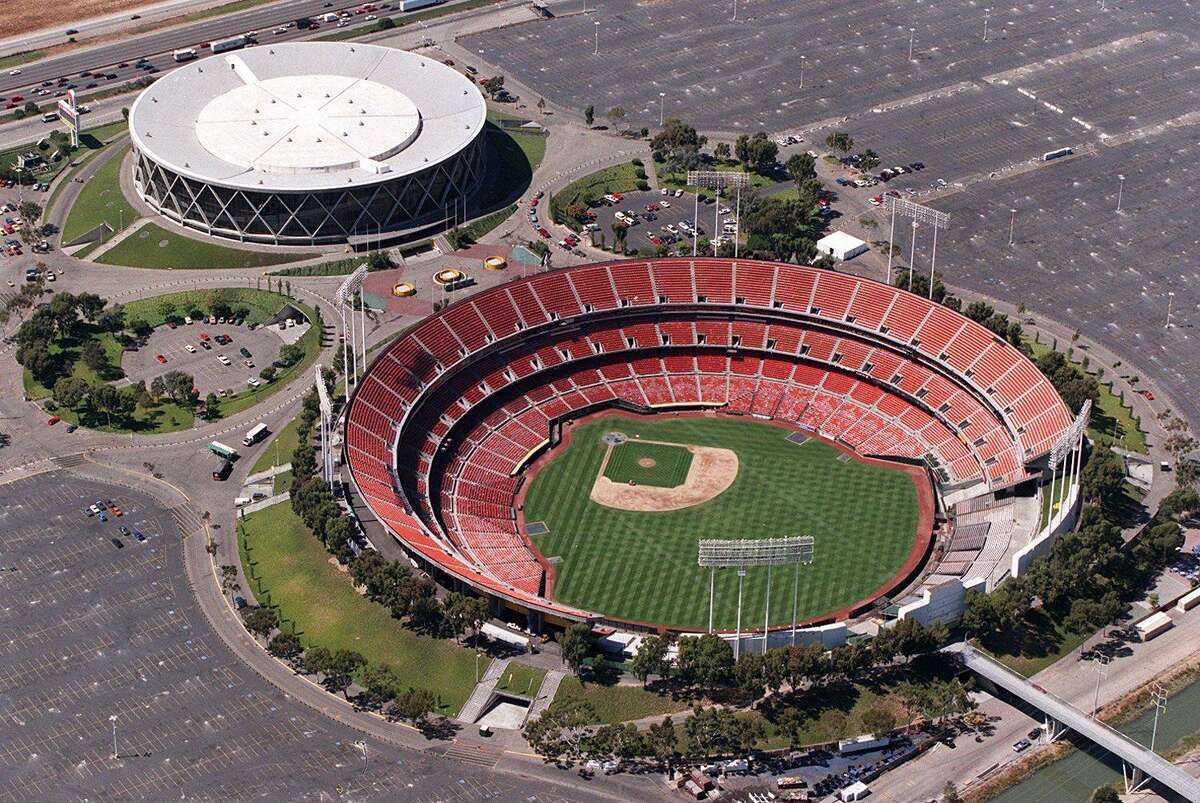 Aerial view of the Oakland/Alameda County Coliseum Complex. Photo take from Metropolitan Life blimp.
