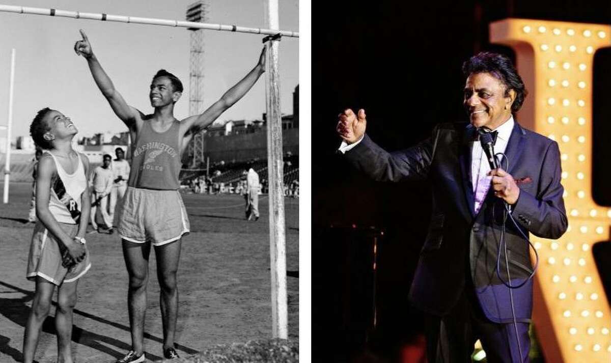 Johnny Mathis competing in the high jump at Kezar Stadium in 1953, and performing in 2015.