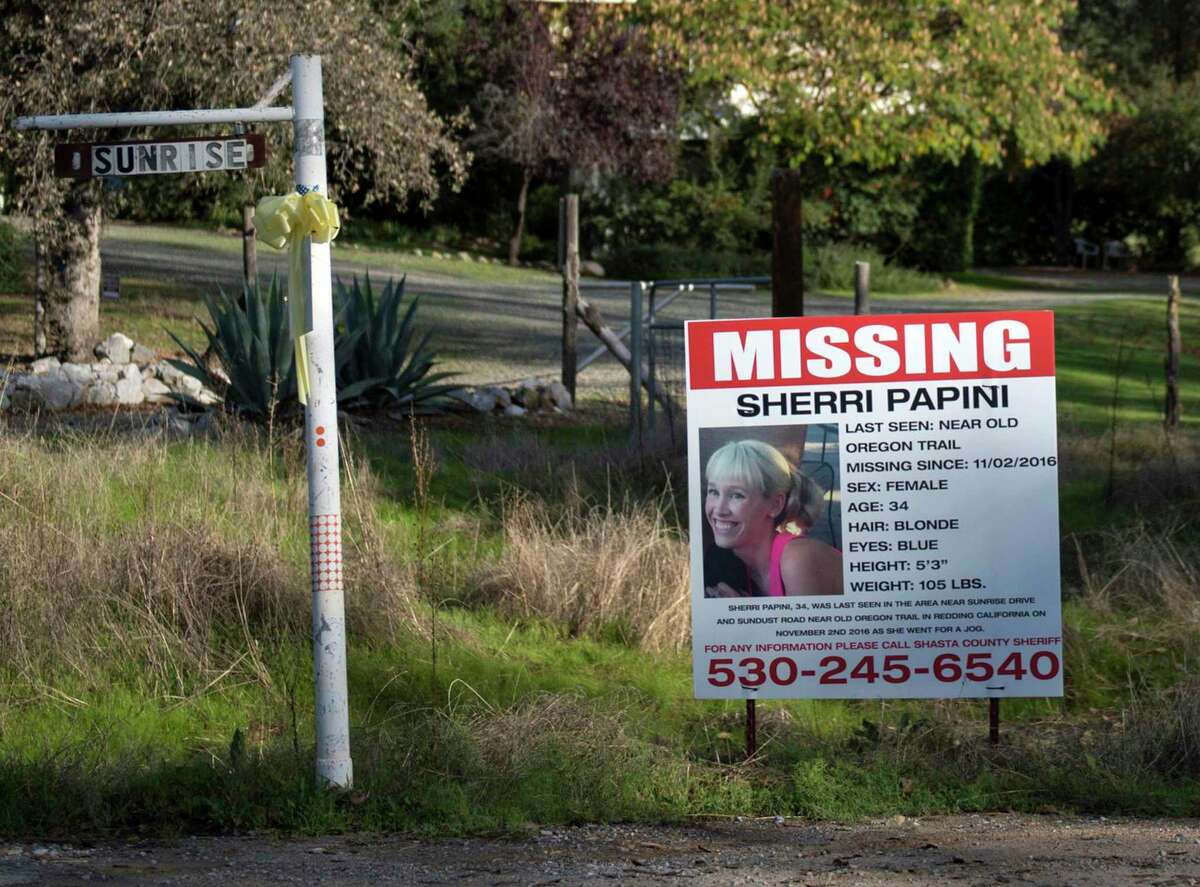 A "missing" sign for Redding, Calif., resident Sherri Papini is seen in November 2016 near the location where the mother of two was believed to have gone missing while jogging. Papini signed a deal on Tuesday, April 12, 2022 , in which she will plead guilty of lying to a federal officer and mail fraud. (Andrew Seng/The Sacramento Bee via AP, File)