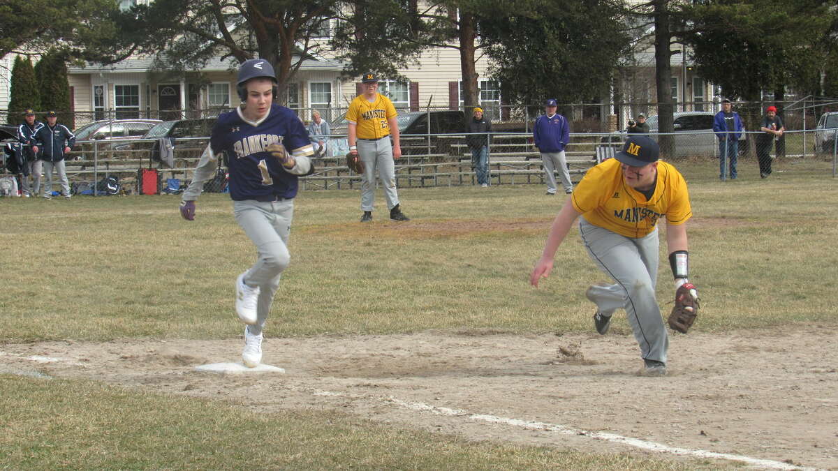 Frankfort senior Ryan Witkop reaches first base safely against Manistee on Tuesday, April 12 at Lockhart Field. 