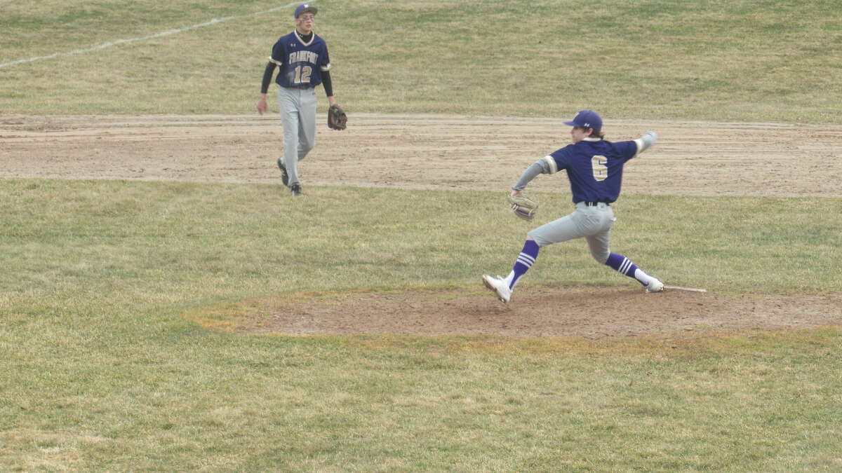 Frankfort freshman Simon Kramer throws a pitch against Manistee on Tuesday, April 12 at Lockhart Field. 