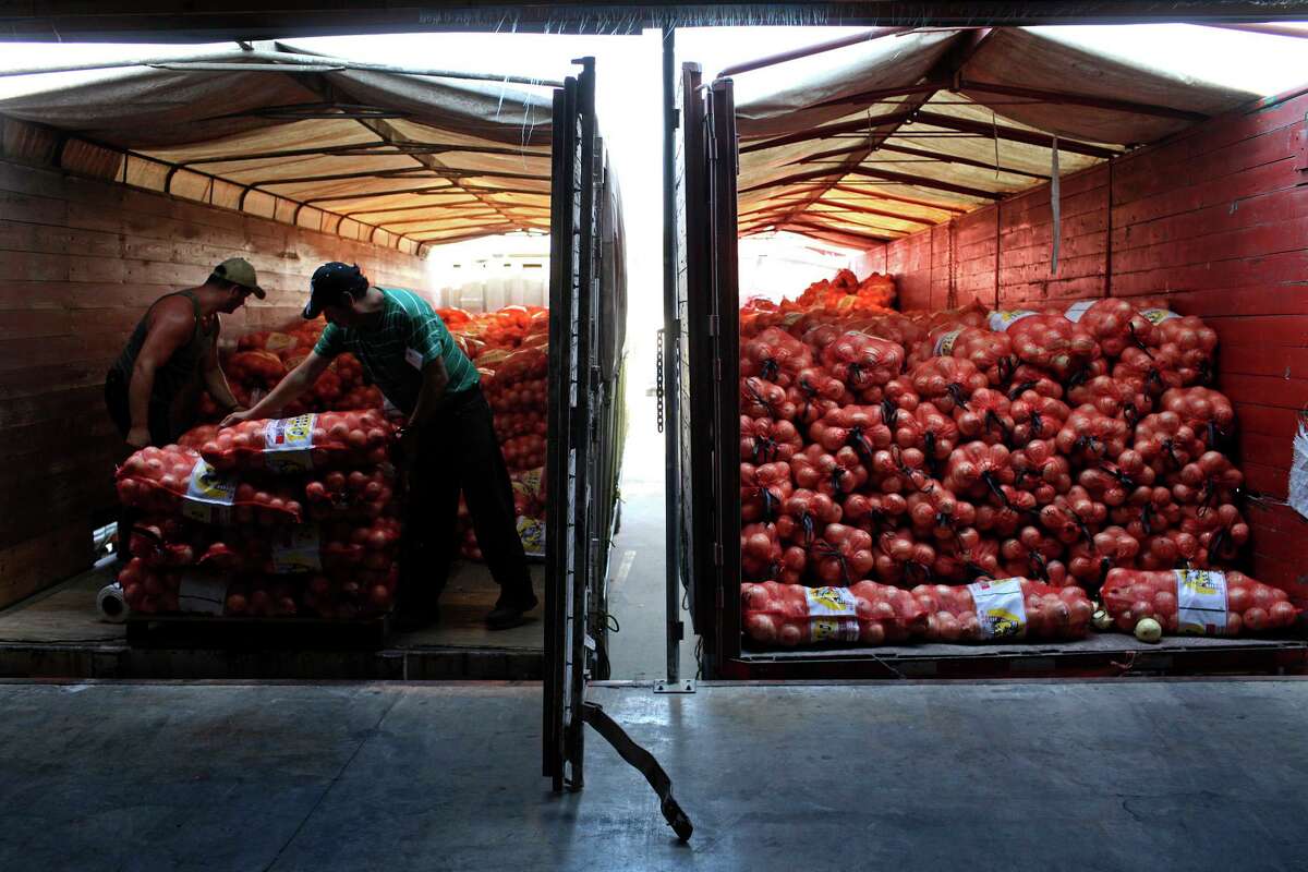 biz - Jesus Valenzuela and Gregorio Avila pack onions from Mexico onto trucks at Progreso Produce in Pharr on Monday, April 18, 2011. LISA KRANTZ/lkrantz@express-news.net