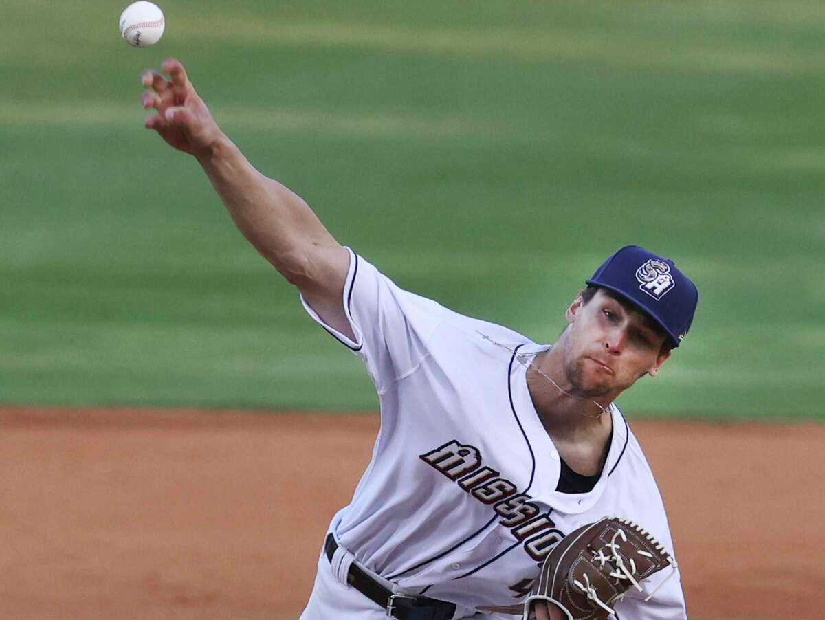 San Antonio Missions pitcher Gabe Mosser (04) fires a pitch during their home opener at Wolff Stadium against the Frisco RoughRiders on Tuesday, April 12, 2022.
