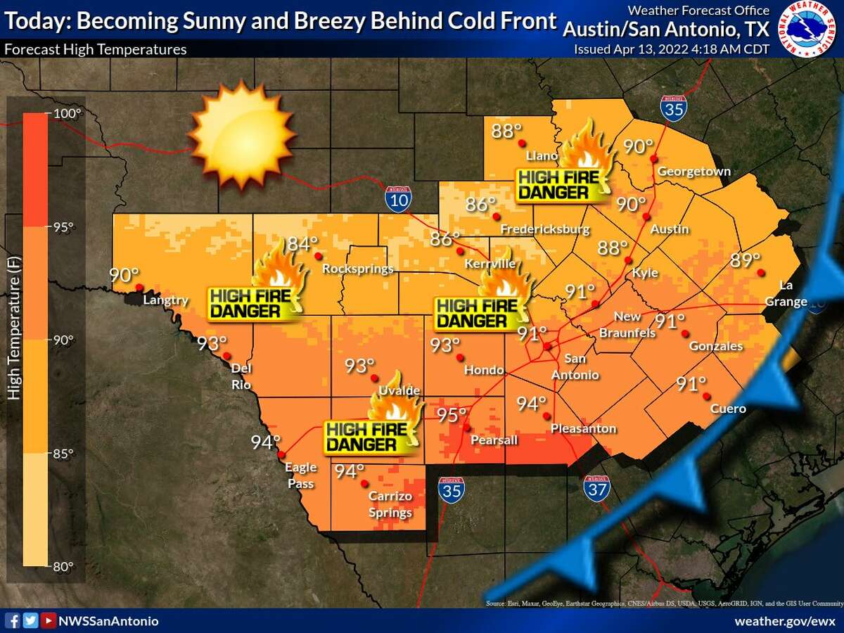 The San Antonio region faces a high fire danger after a cold front arrived early Wednesday morning, according to the National Weather Service.