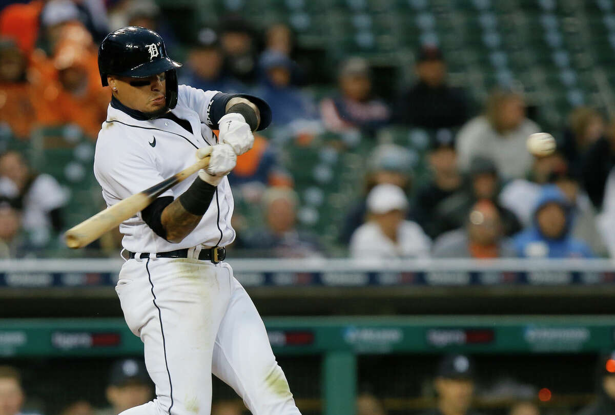 DETROIT, MI - April 11: Javier Baez #28 of the Detroit Tigers hits a two-run home run against the Boston Red Sox during the eighth inning to take a 3-1 lead at Comerica Park on April 11, 2022, in Detroit, Michigan. (Photo by Duane Burleson/Getty Images)