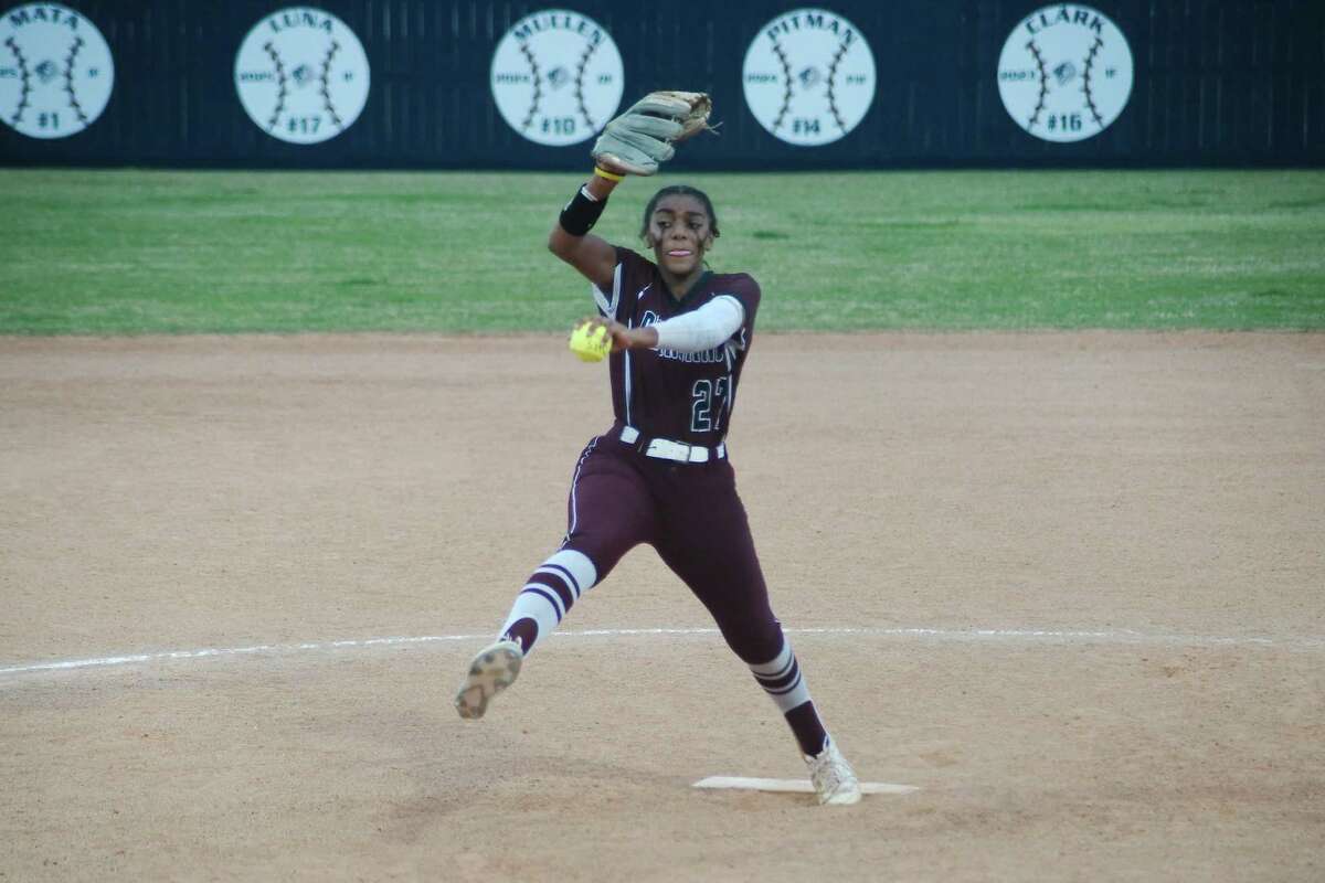 Pearland’s Abigail Gutierrez (27) pitched the Lady Oilers to a playoff win over Shadow Creek Friday night.