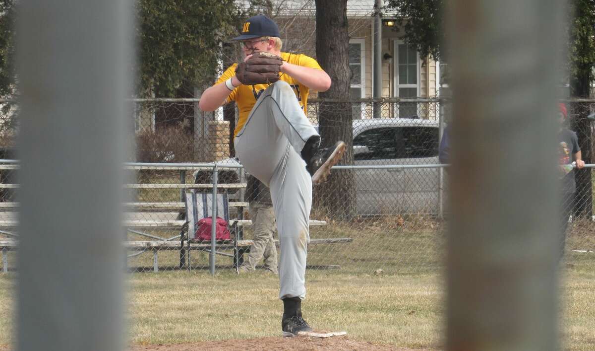 Manistee junior Donavyn Kirchinger warms up on the mound against Frankfort on Tuesday, April 12 at Lockhart Field.