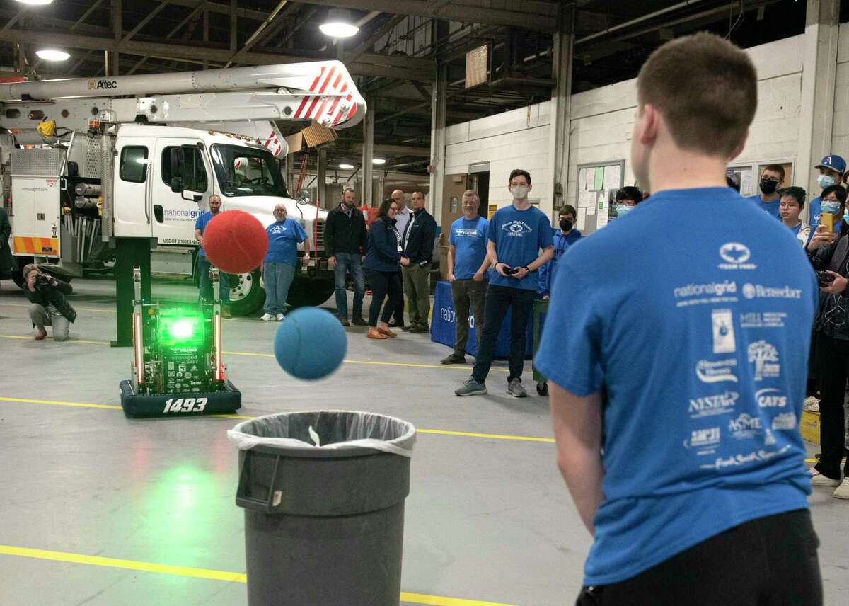 The Albany High School FIRST Robotics team provides a brief demo with their robot, Rein, as National Grid gives the students an official send-off at National Grid Headquarters on Wednesday, April 13, 2022 in Albany, N.Y. The team is heading to compete at the FIRST Robotics World Championships in Houston.