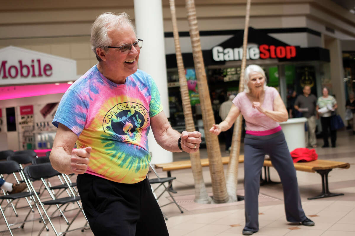 Beacher Pearce participates in a Zumba class hosted by Senior Services of Midland County during the Spring Senior Expo Wednesday, April 13, 2022 at the Midland Mall.