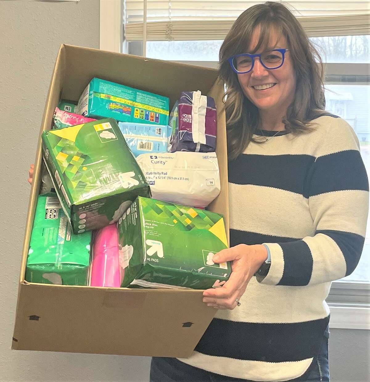 After a month-long collection drive of menstrual hygiene products, state Rep. Katie Stuart, D-Edwardsville, dropped off donations April 11 at Edwardsville’s I Support the Girls, an organization that provides bras, underwear and menstrual products to those in need. 