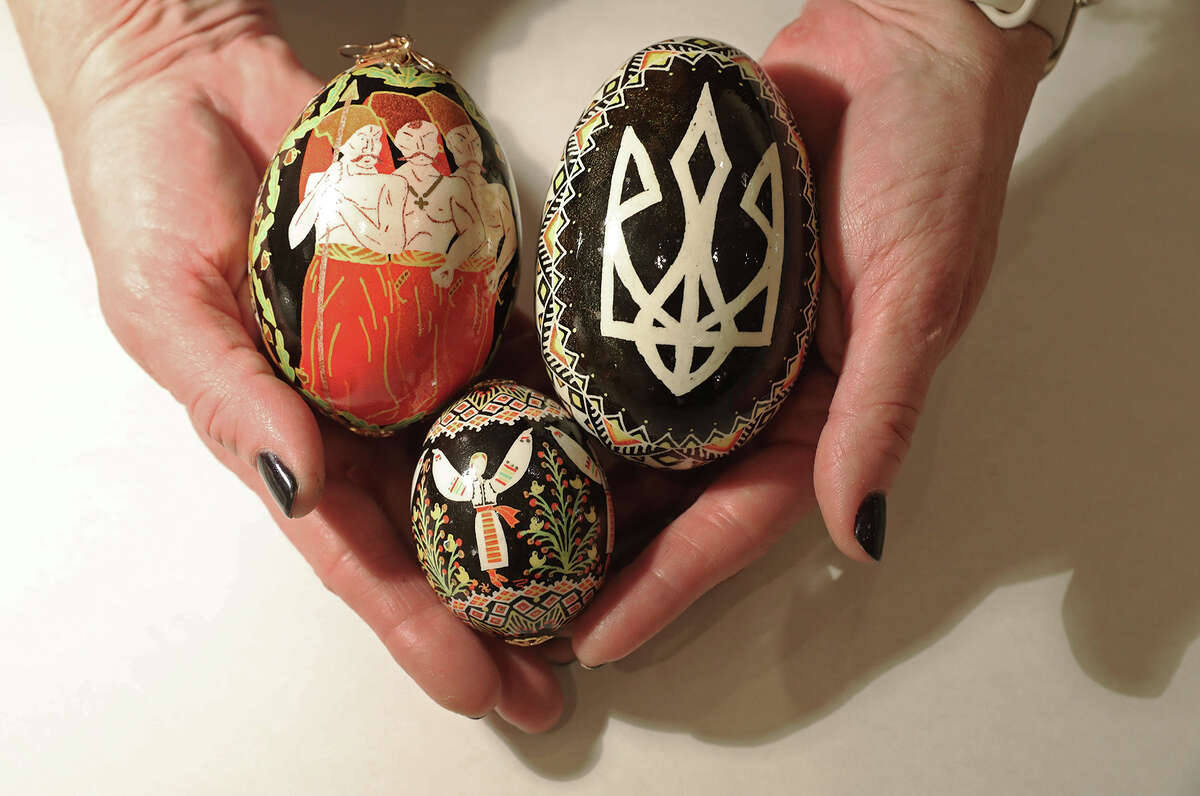 Artist Anna Chychula displays a collection of her Ukrainian pysanky eggs during a workshop at the Ukrainian National Museum on March 26, 2022, in Chicago.  