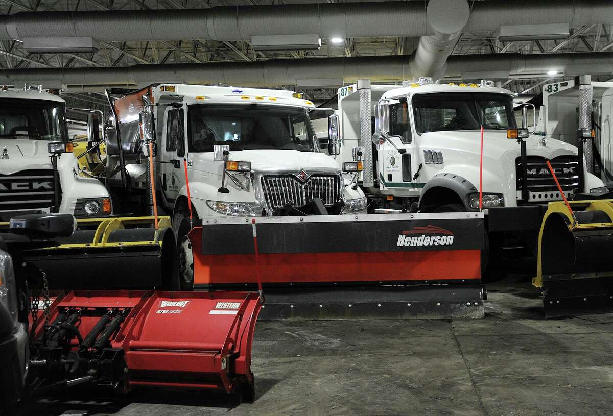 Plow trucks are loaded and ready to go in preparation for Wednesday's storm at the Public Works facility in Bridgeport, Conn. on Tuesday, March 20, 2018.