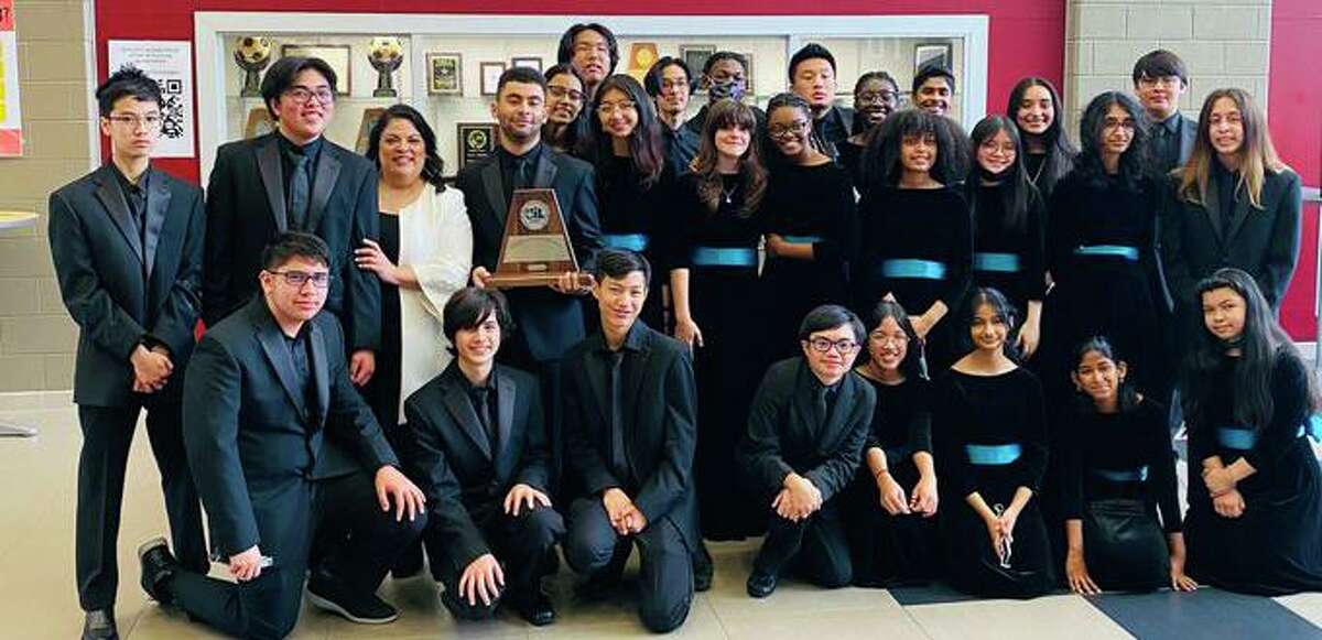 Shadow Creek High School orchestra members celebrate their sweepstakes win at the 2022 UIL Concert and Sight-Reading Evaluation.