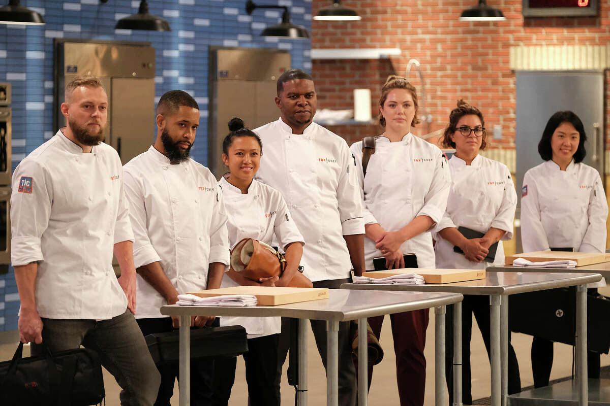 (Left to right) Luke Kolpin, Damarr Brown, Monique Feybesse, Nick Wallace, Stephanie Miller, Leia Gaccione and Jae Jung on an episode of "Top Chef" on Bravo.