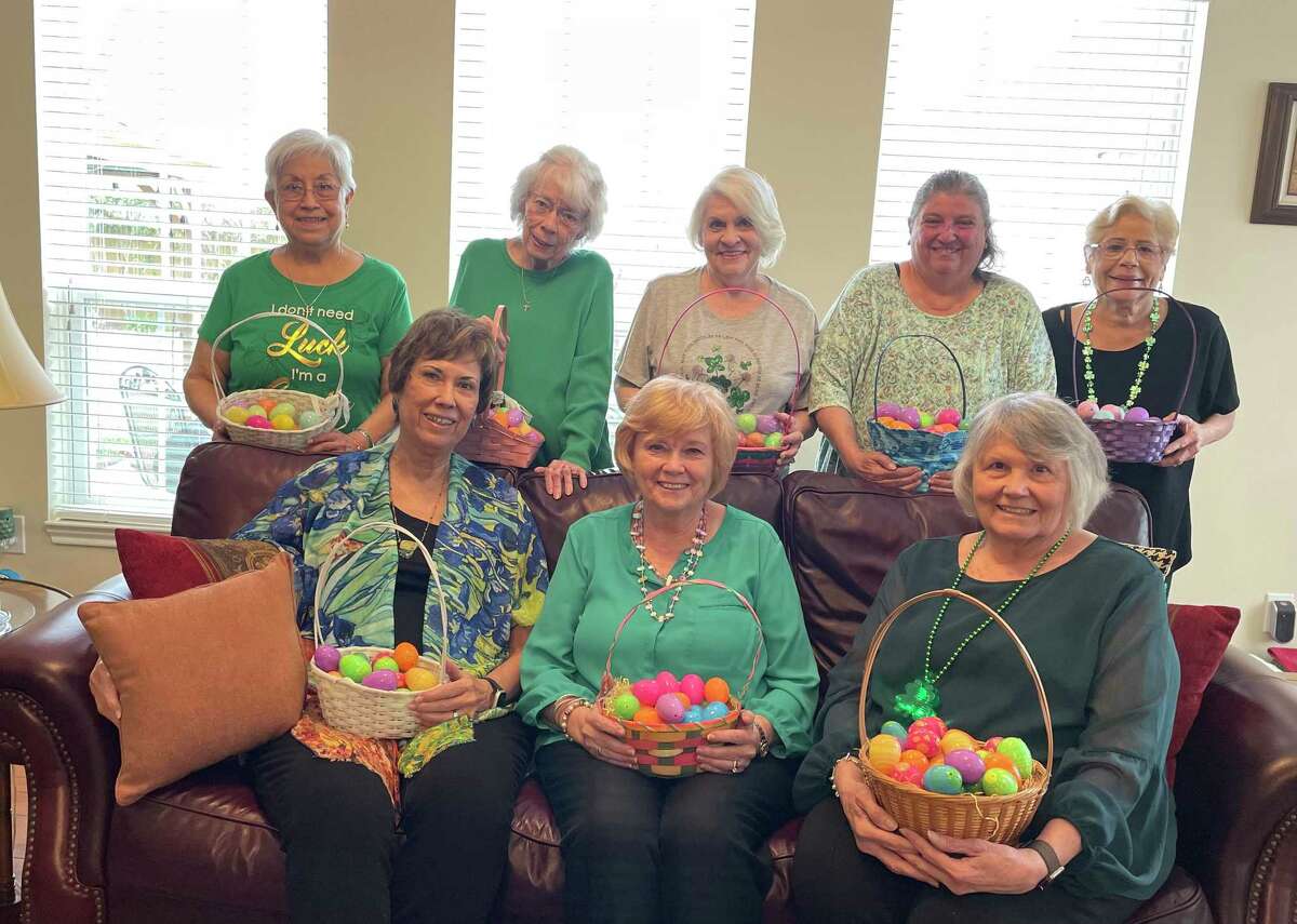 Members of Beta Sigma Phi’s Theta Master chapter hold Easter baskets collected for the Resources and Crisis Center of Galveston County children’s egg hunt. In front are: Leslie Von Bergen, left, President Shirley McGuire and Judy Hotman. Behind them are Loraine Gomez, left, Dian Thomasson, Mary Rhodes, Rosa Vance and host Julie Hoover. For membership information, contact Hotman, 713-724-3154.