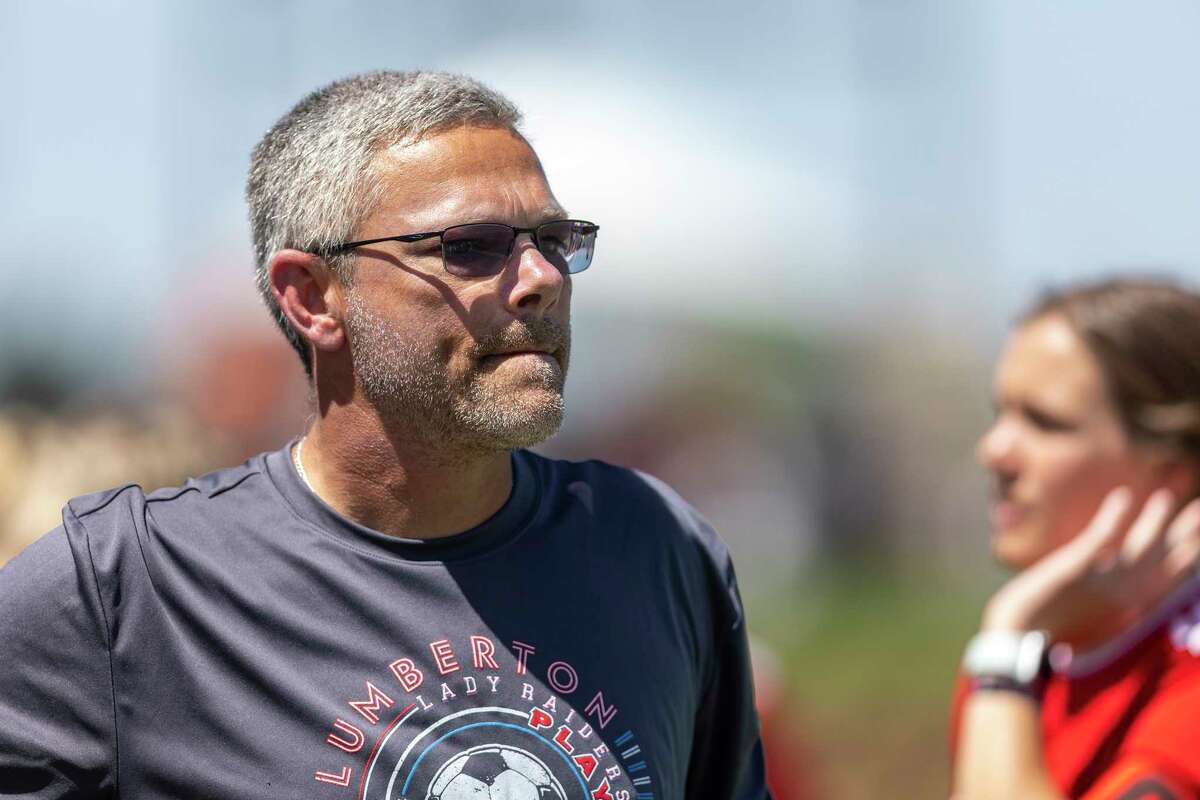 Lumberton head girls soccer coach Jason Hopson watches as his team compete. Photo taken in Georgetown, Wednesday, Apr., 13, 2022.