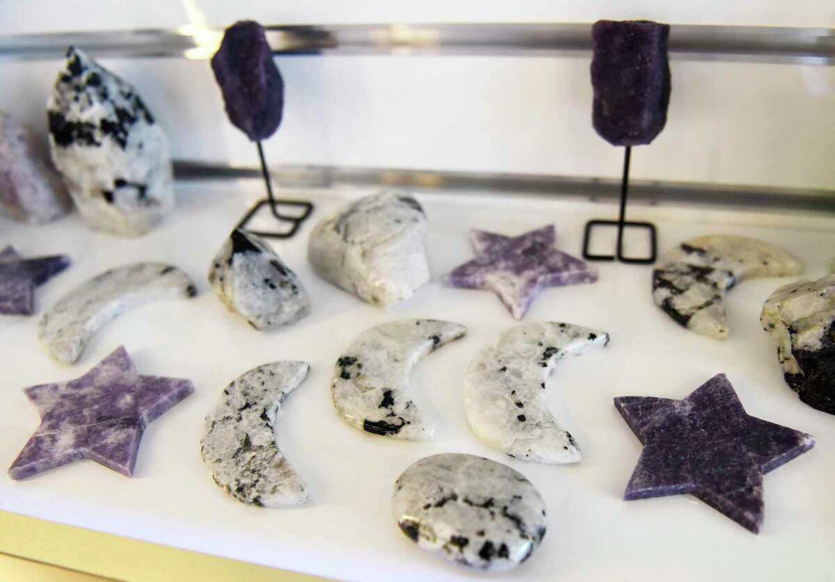 Decorative crystal specimens are displayed at the new Crystals Unlimited shop in Stamford on Wednesday.