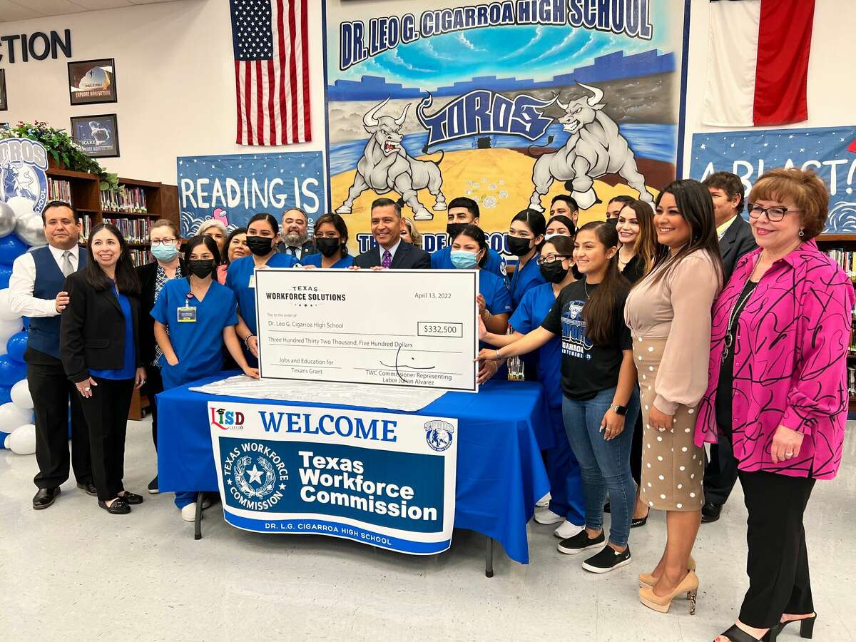 Texas Workforce Commission presents the JET Grant to the LISD's Career and Technical Education Department at Cigarroa High School. April 13, 2022.