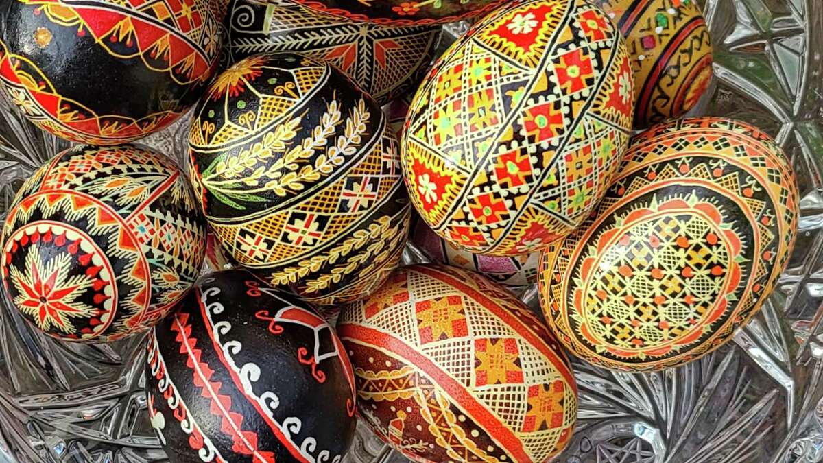 Kim Mathias, of Westport, has her mother’s collection of Ukrainian Easter eggs.