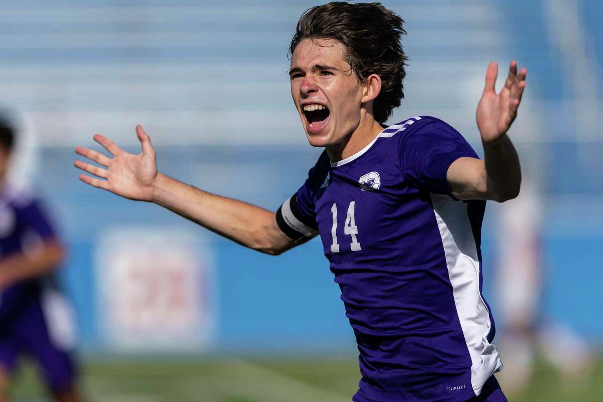 Boerne midfielder Sam Theiss celebrates his hat trick goal against Stafford during a Class 4A boys soccer semifinal in Georgetown, Wednesday, Apr., 13, 2022.