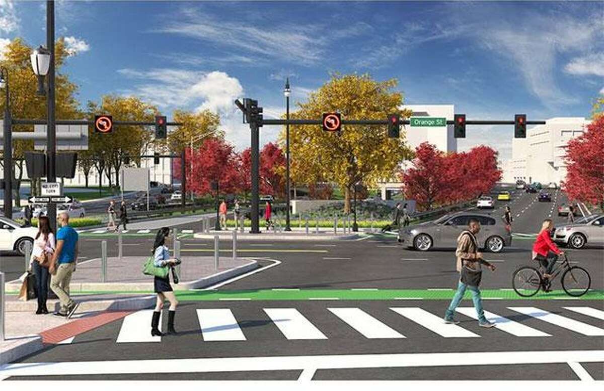 The intersections of Orange Street with Martin Luther King Boulevard and South Frontage Road in New Haven will open Monday.
