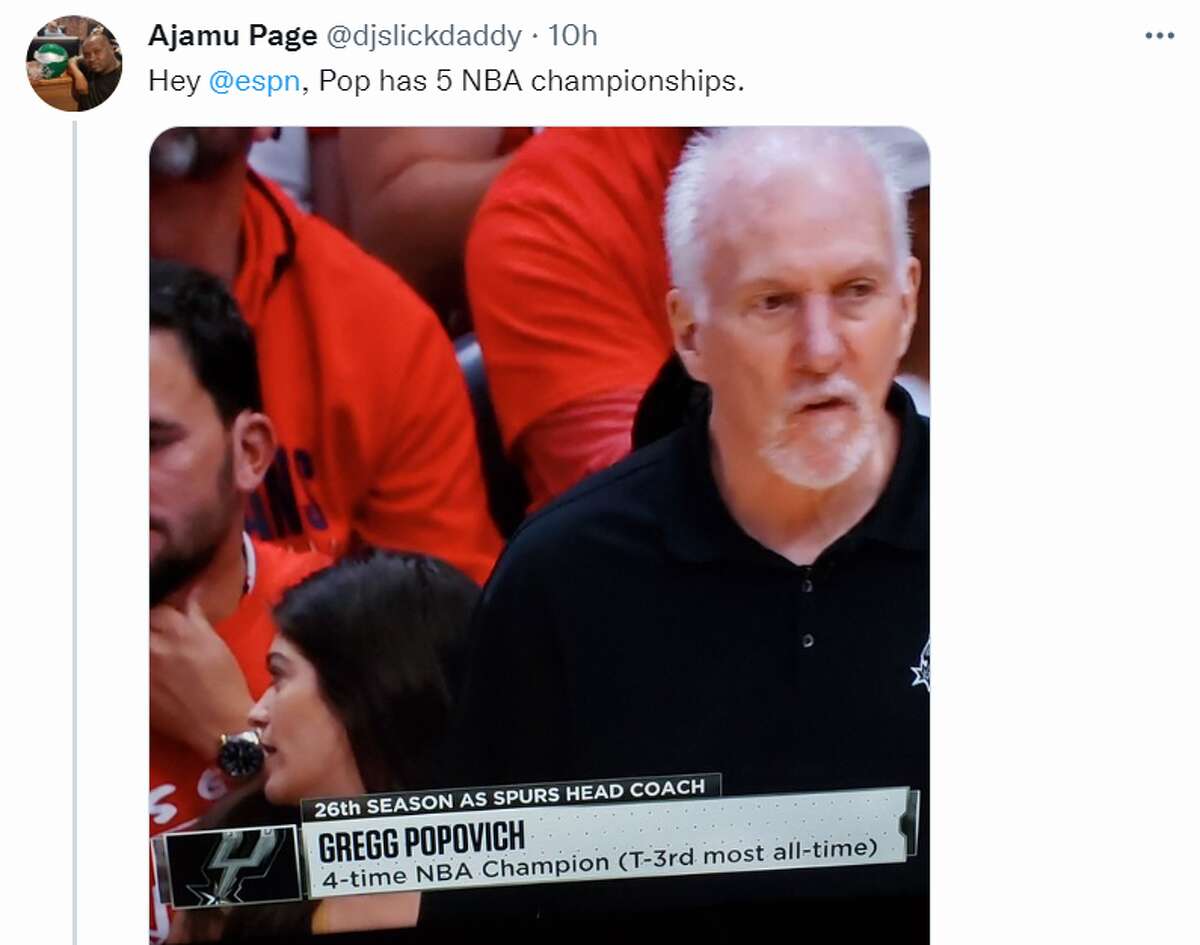 A screenshot of tweet showing that ESPN mistakenly calling Spurs coach Gregg Popovich a "4-time NBA champion." He's won five.