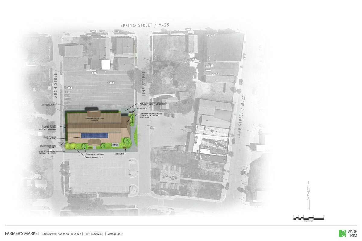 This map shows the location of the proposed new all-season building, which is where the old Port Austin High School gymnasium is located. 