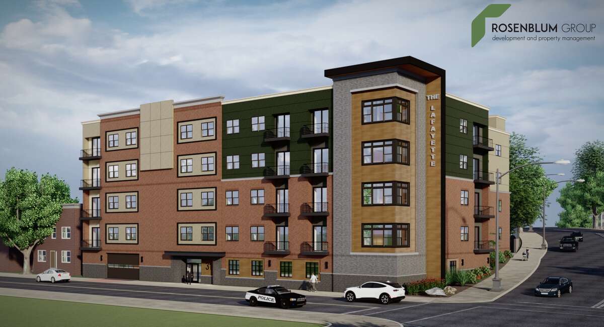 Renderings show a proposed five-story apartment building at the corner of Liberty and Lafayette streets in downtown Schenectady.