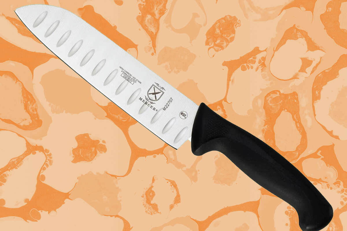 Mercer Culinary Millennia Black Handle, 7-Inch Granton Edge, Santoku Knife