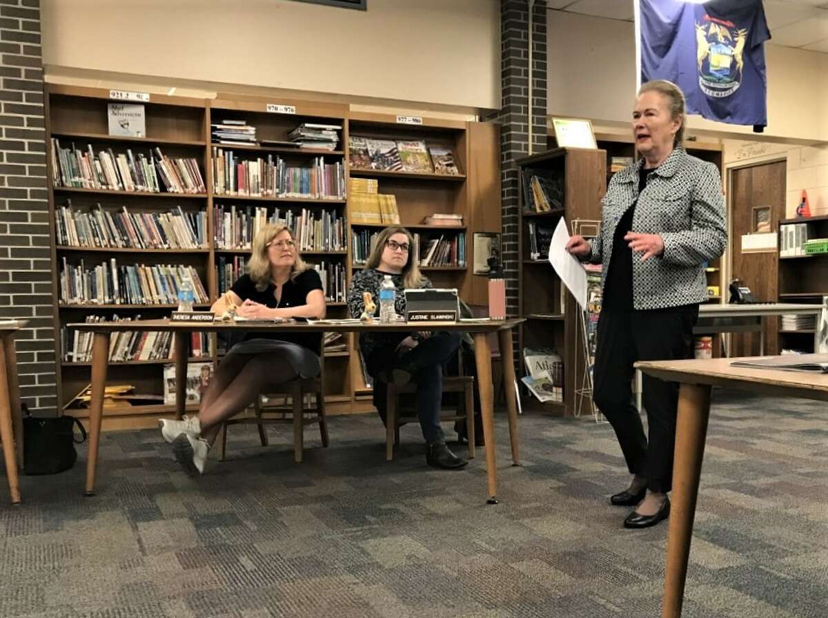 Liz Laskey, of Manistee, voices concerns Tuesday regarding the future of the Jefferson Elementary School property during a Manistee Area Public Schools Board of Education meeting at Kennedy Elementary School.