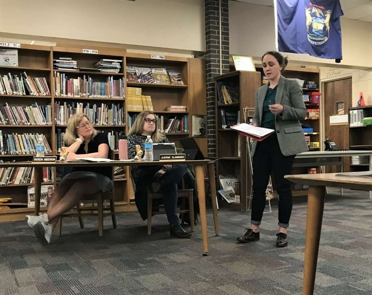 Elissa Laskey, of Manistee, speaks Tuesday regarding the future of the Jefferson Elementary School property during a Manistee Area Public Schools Board of Education meeting at Kennedy Elementary School.